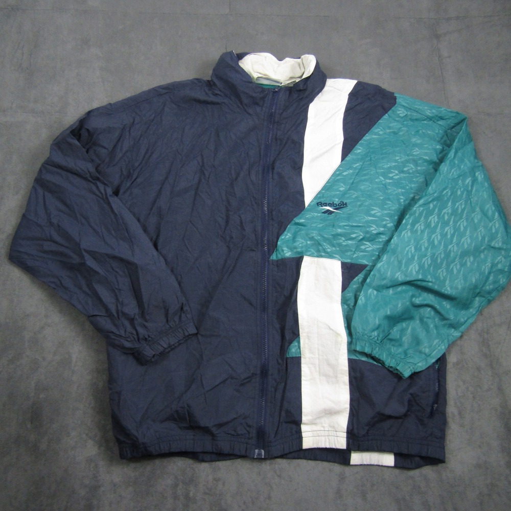 Reebok Windbreaker Jacket Mens L Blue Teal Vintage 90s Colorblock Full Zip Logo